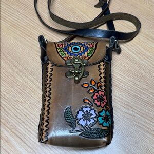 Hand-Painted & tooled Brown Leather Crossbody Bag with Floral Design